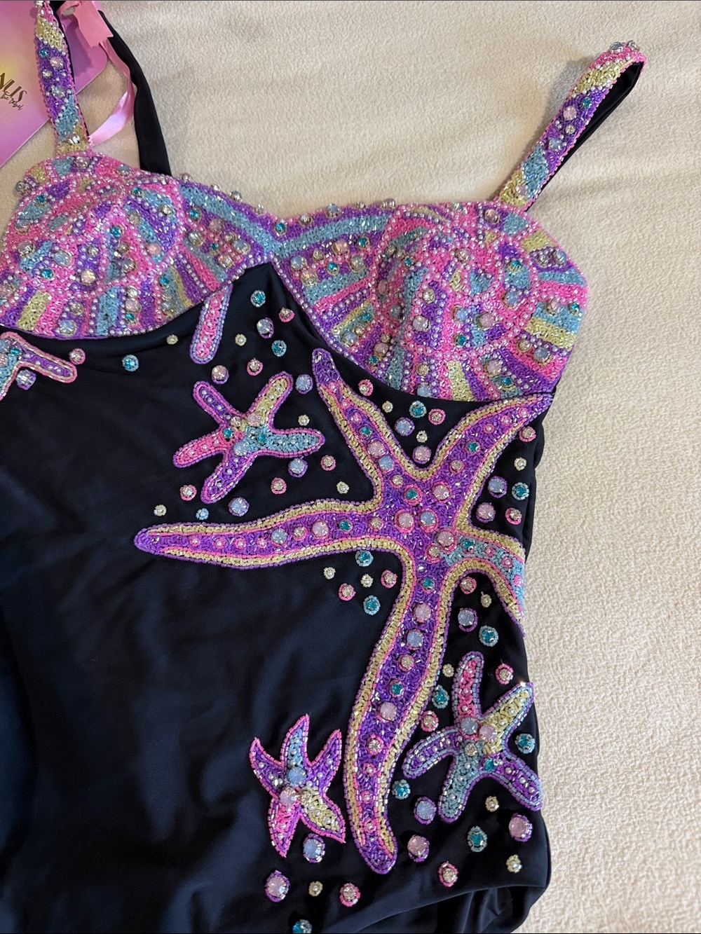 Oceanus goddess new Black One-Piece Swimsuit with Pink Beaded Starfish Accents - Picture 5 of 11